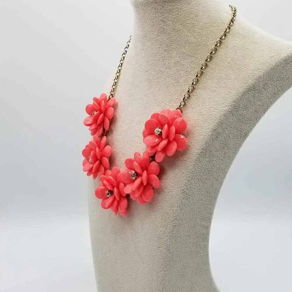 J Crew Coral / Orange Resin Floral Necklace with Crystals